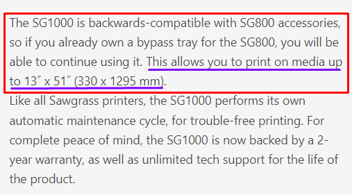 sawgrass sg1000 sublimation printer maximum print size